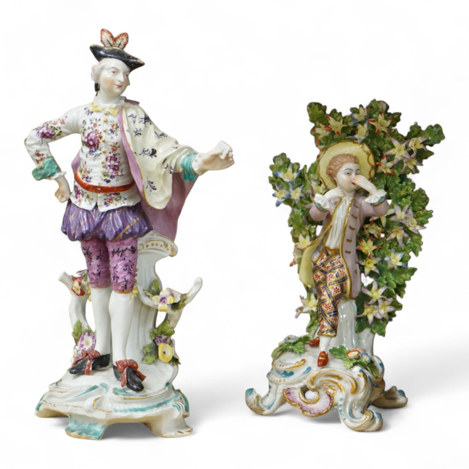 A Derby figure of a gentleman, c.1760, and a Continental porcelain figure, pseudo Bow mark, tallest 26cm high (2)